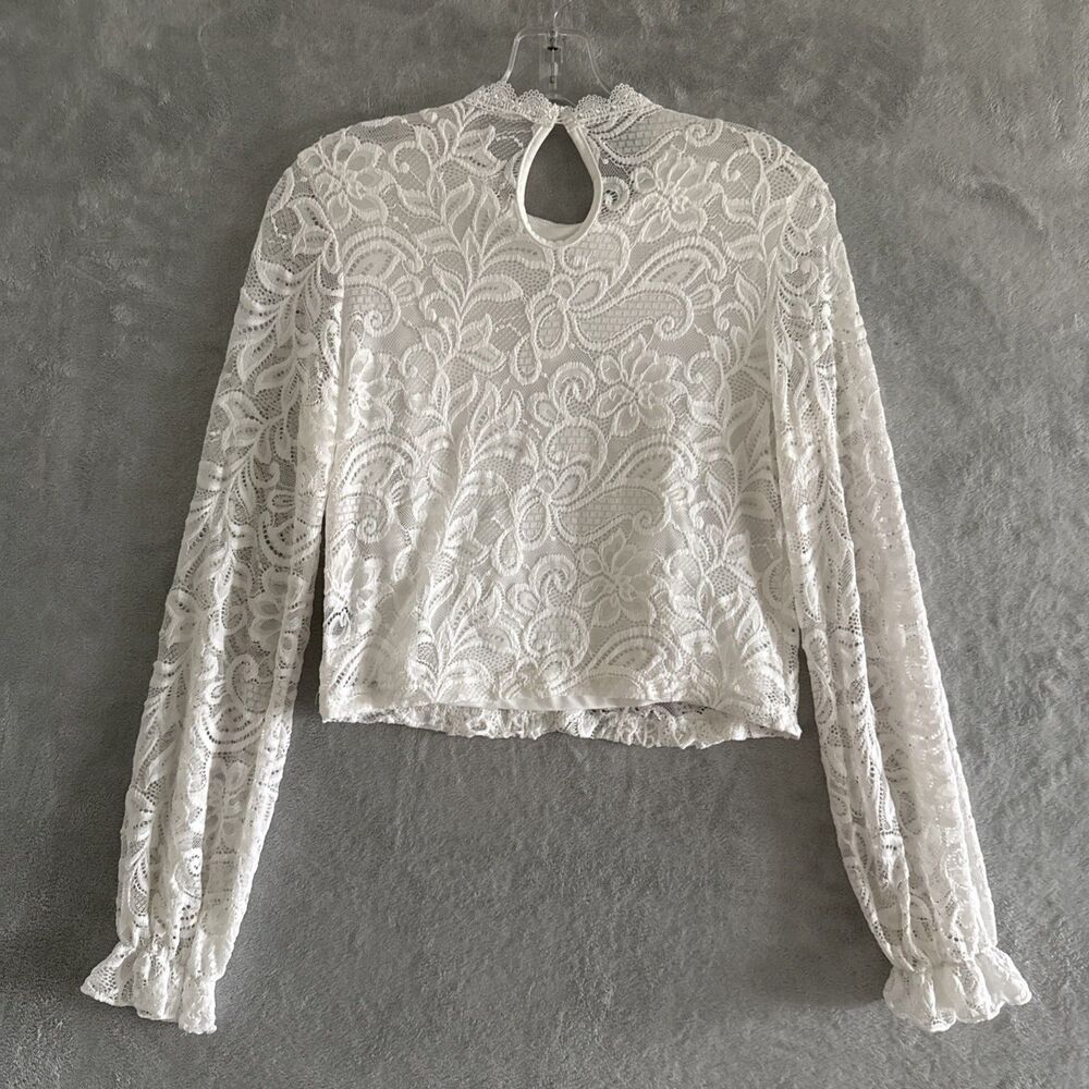 Women's White Lace Blouse Crop Top Women’s Sz S White Ruffle Boho Cottage Praire - Picture 6 of 15